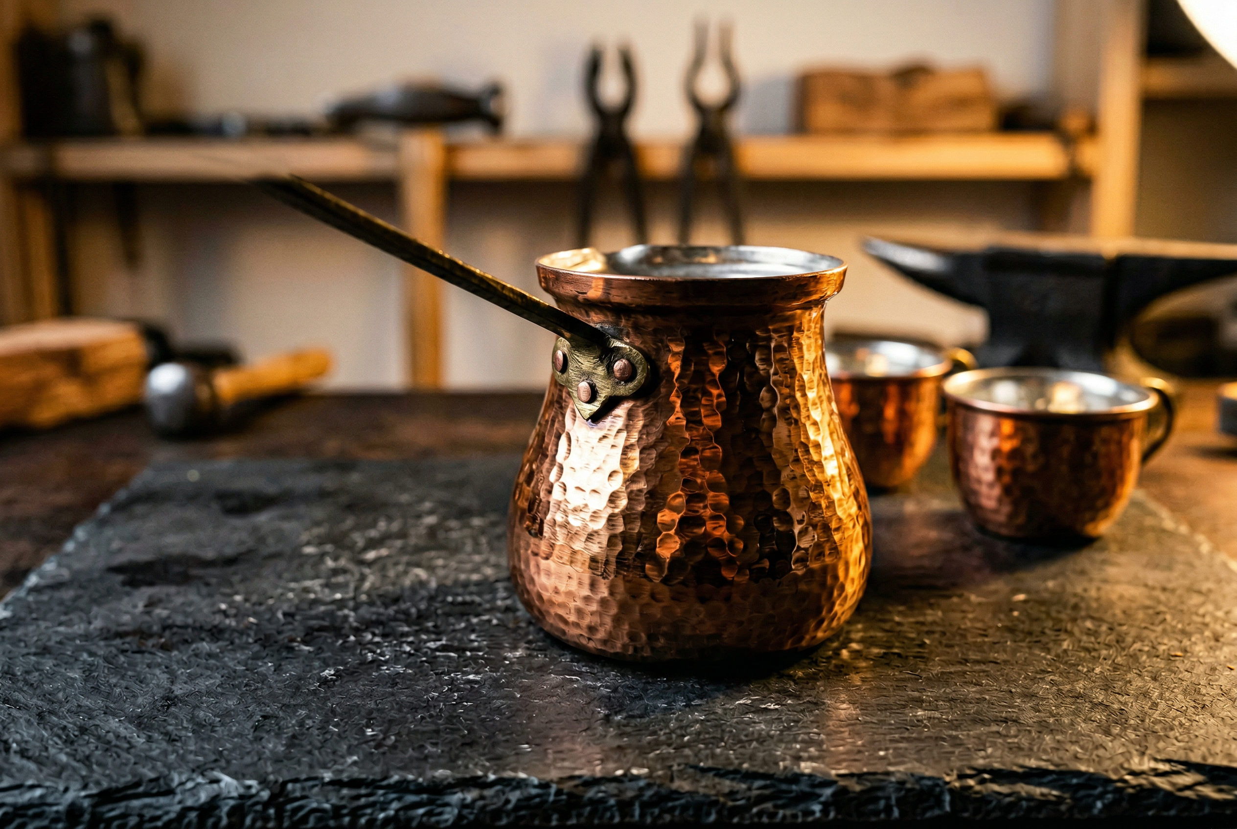 El dovme bakir ibrik uzerinde isik yansimalari