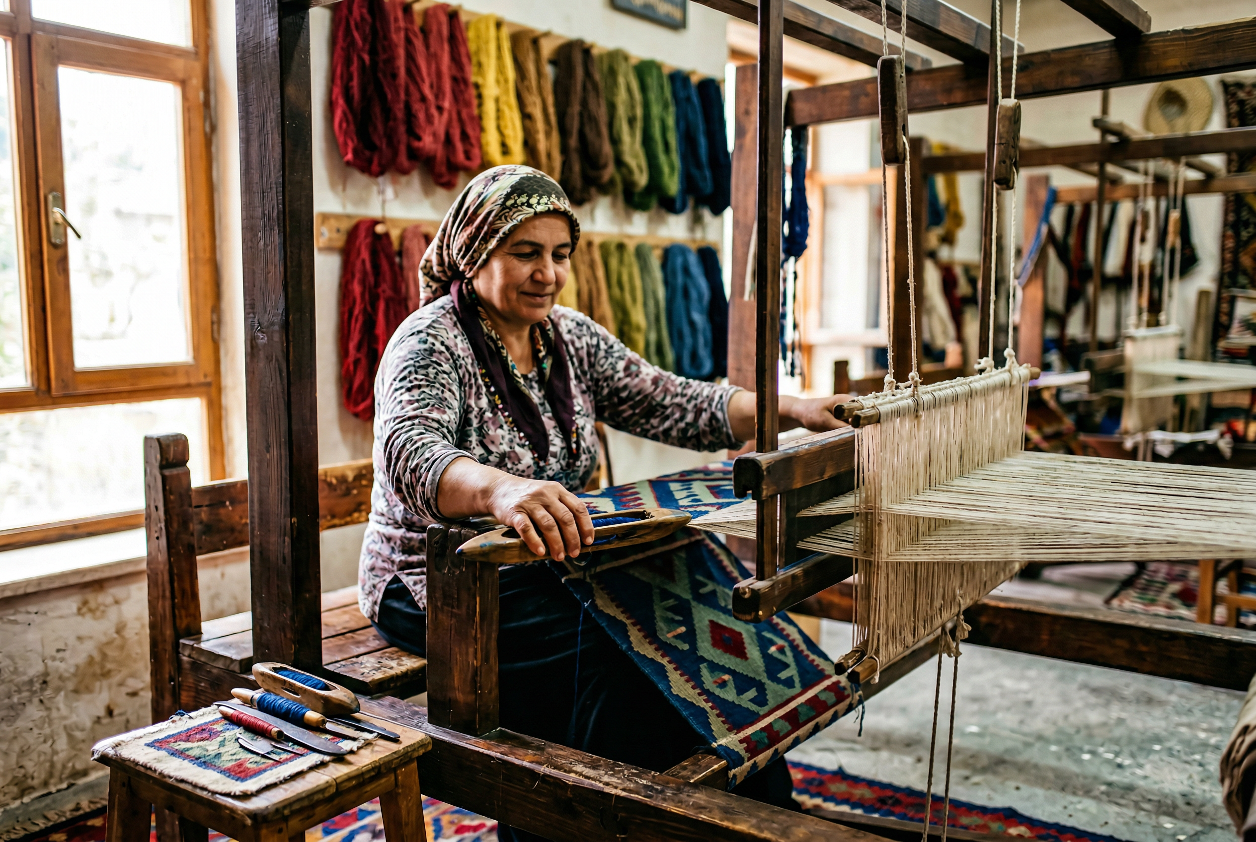 Dogal isikli dokuma atolyesinde calisan kadin zanaatkar
