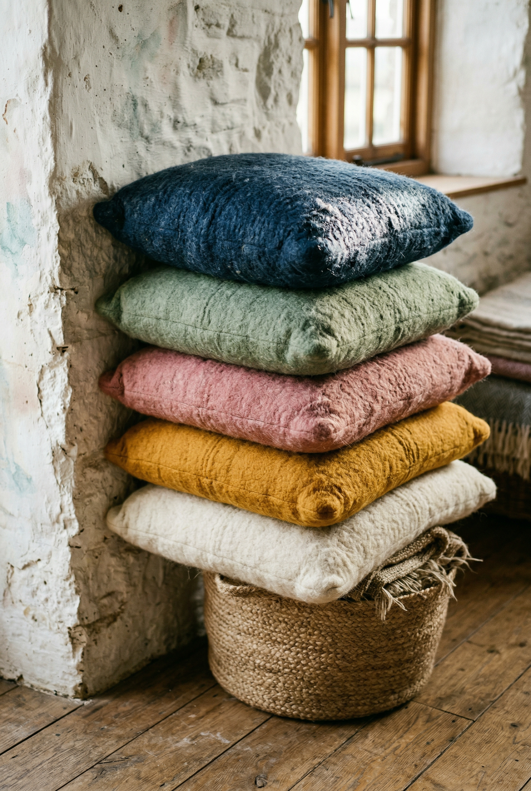 Dogal boyali kece oturak yastiklari ust uste dizilmis