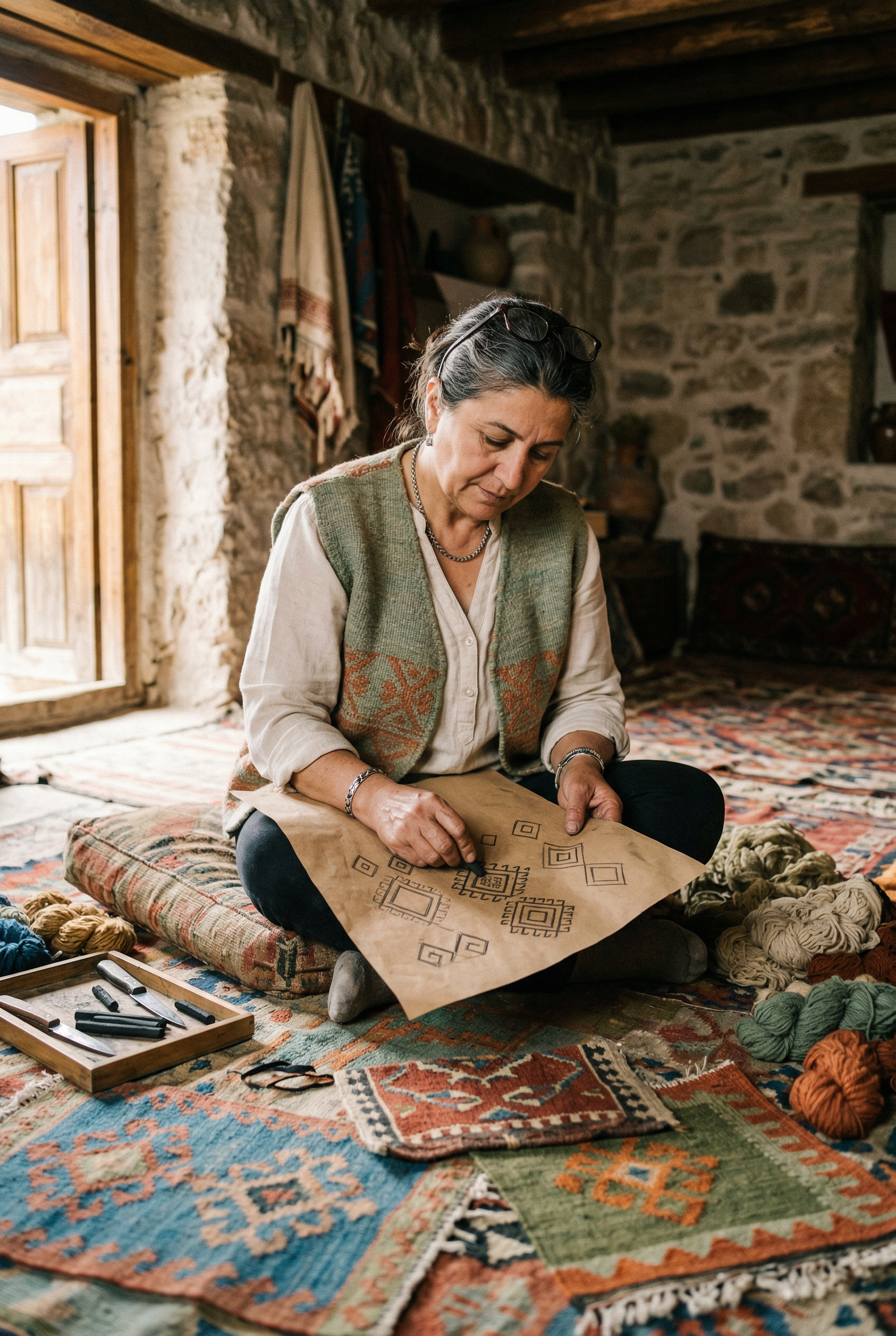 Kilim deseni hazirlayan kadin dokuma ustasi