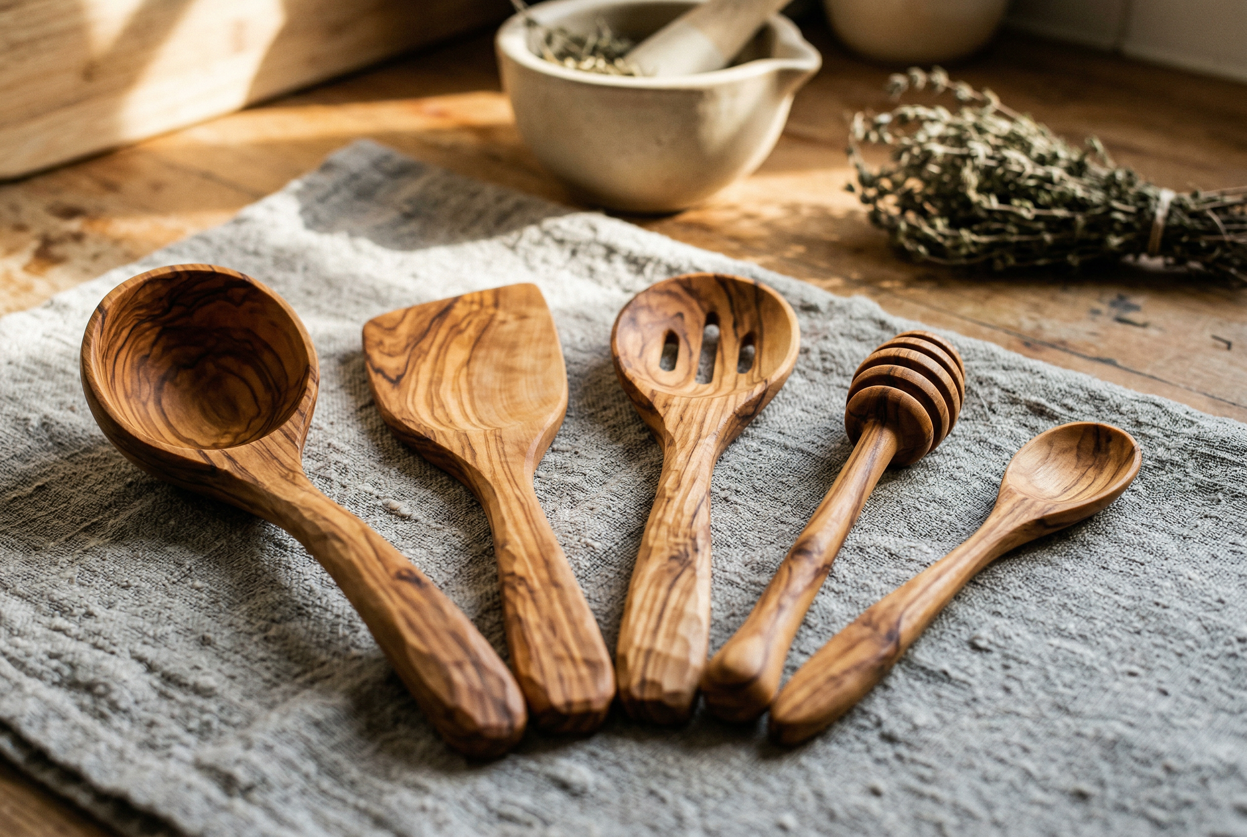 El oyma zeytin agaci kasiklar keten uzerinde dizilmis