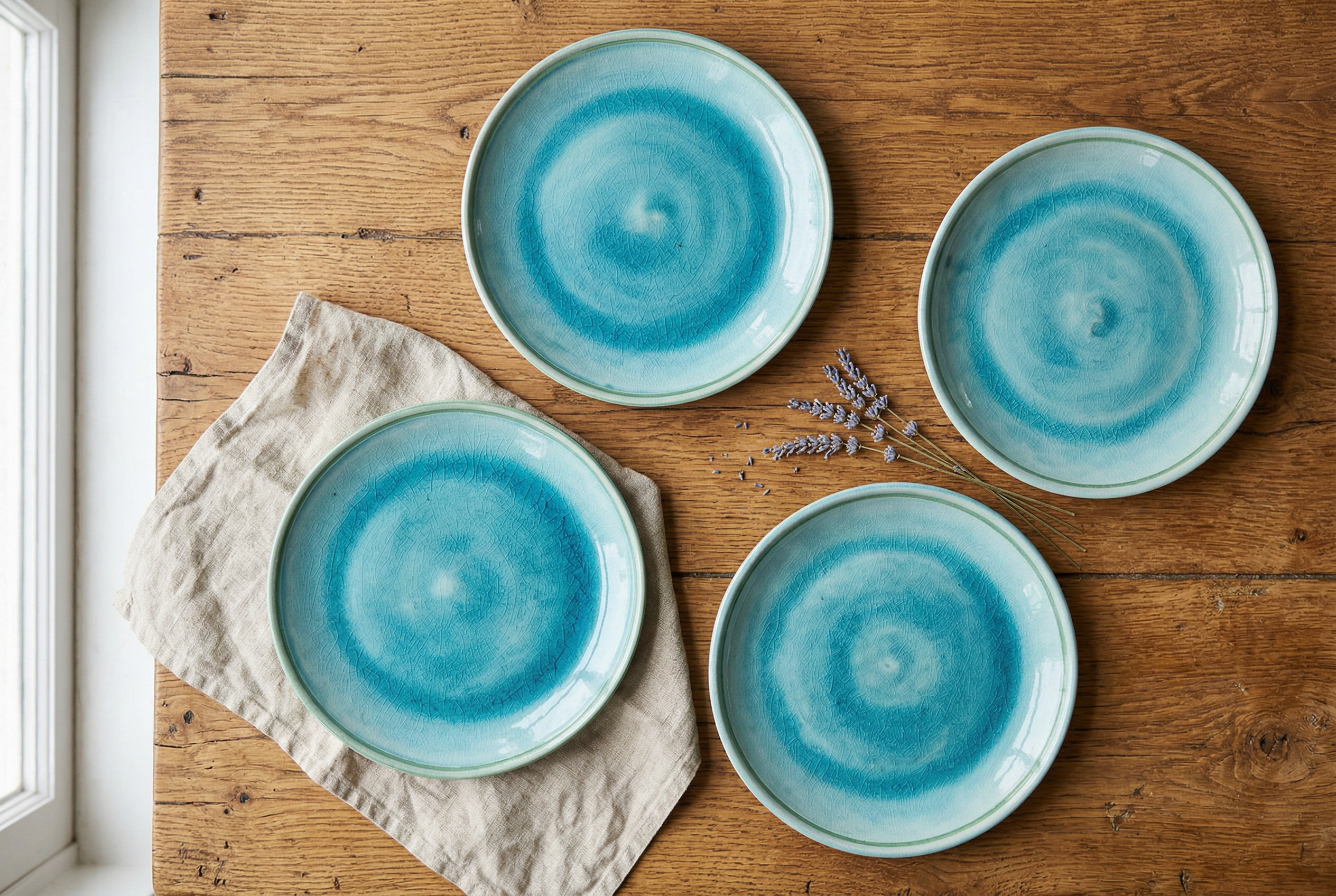 Turkuaz sirli seramik tabak seti ahsap masa uzerinde