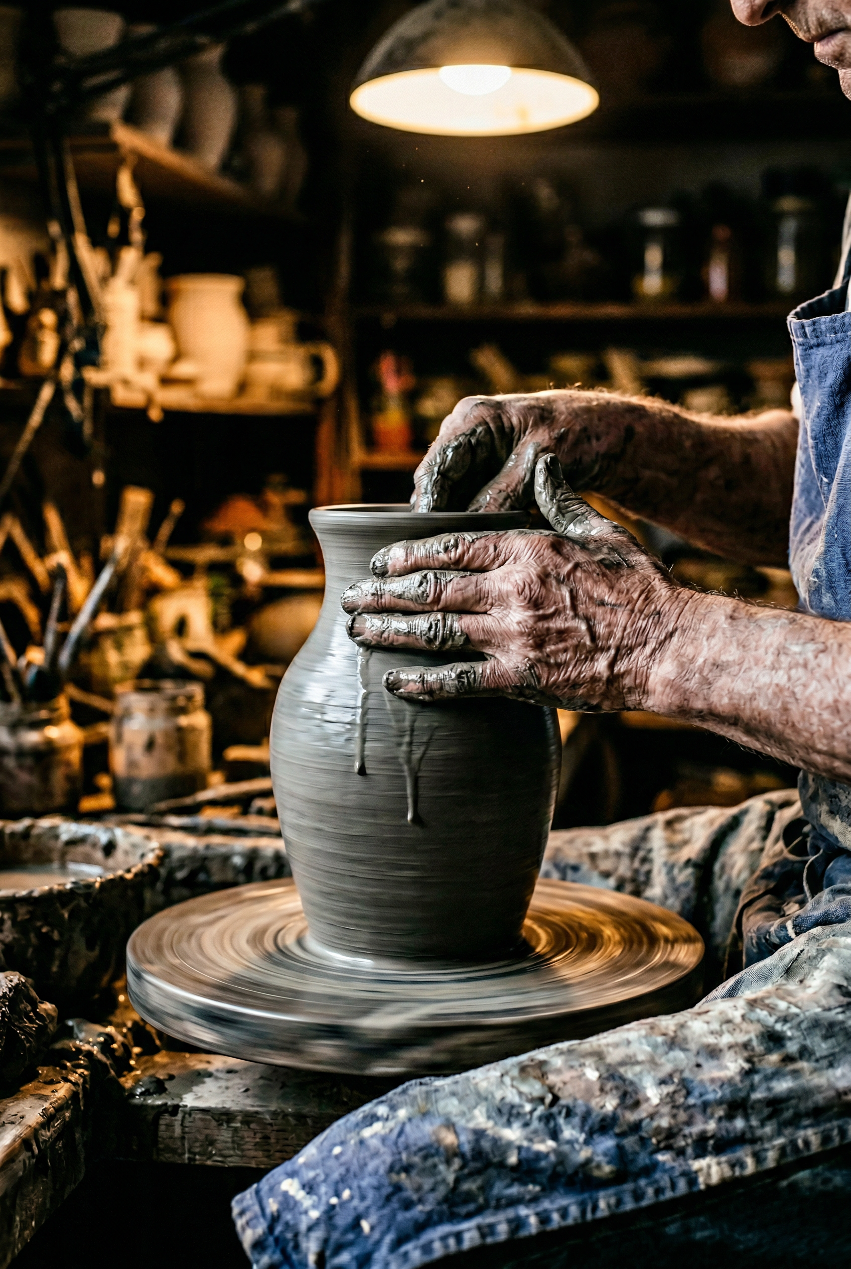 Deneyimli seramik ustasinin kilden sekil veren elleri